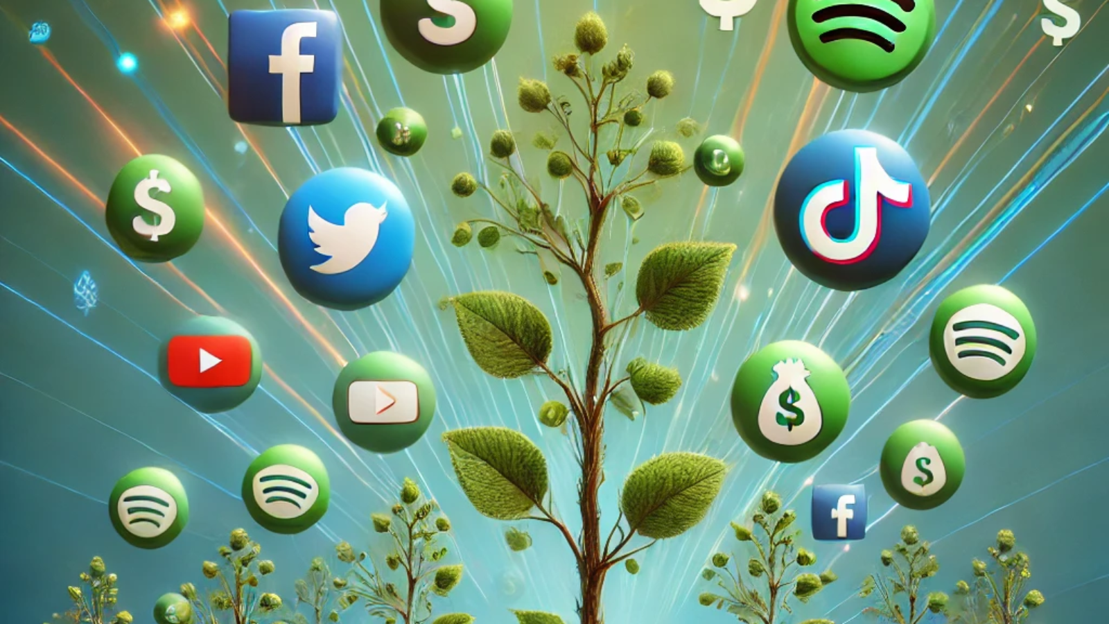 DALL·E 2024-09-22 20.13.56 - A vibrant, modern image representing organic growth in social media followers, with icons of Instagram, Facebook, TikTok, YouTube, and Spotify floatin