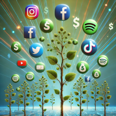 DALL·E 2024-09-22 20.13.56 - A vibrant, modern image representing organic growth in social media followers, with icons of Instagram, Facebook, TikTok, YouTube, and Spotify floatin
