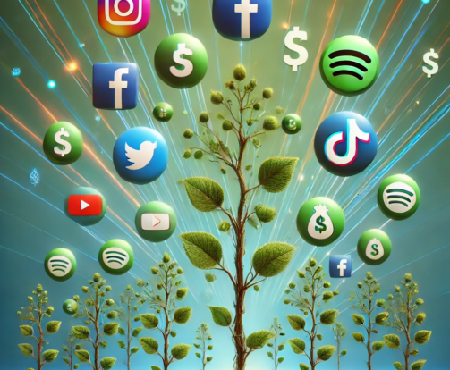 DALL·E 2024-09-22 20.13.56 - A vibrant, modern image representing organic growth in social media followers, with icons of Instagram, Facebook, TikTok, YouTube, and Spotify floatin