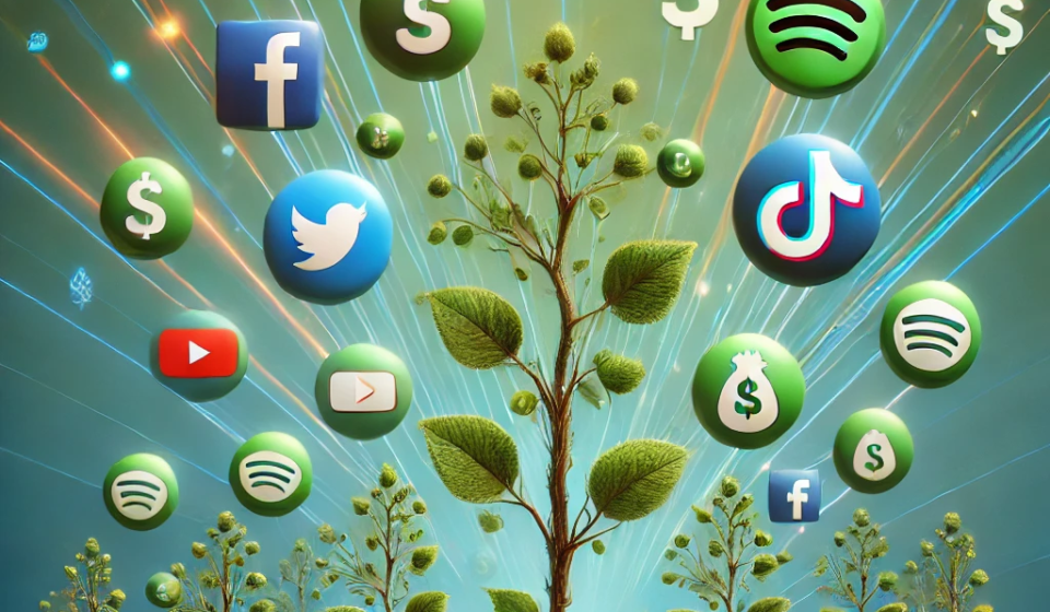 DALL·E 2024-09-22 20.13.56 - A vibrant, modern image representing organic growth in social media followers, with icons of Instagram, Facebook, TikTok, YouTube, and Spotify floatin